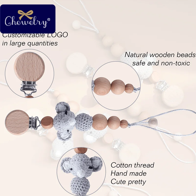 1PC Baby Pacifier Chain Elephant Wooden Clip Geometric Crochet Beads Bag Wood Teether Tiny Rod Dummy Clips Baby Pacifier Holder