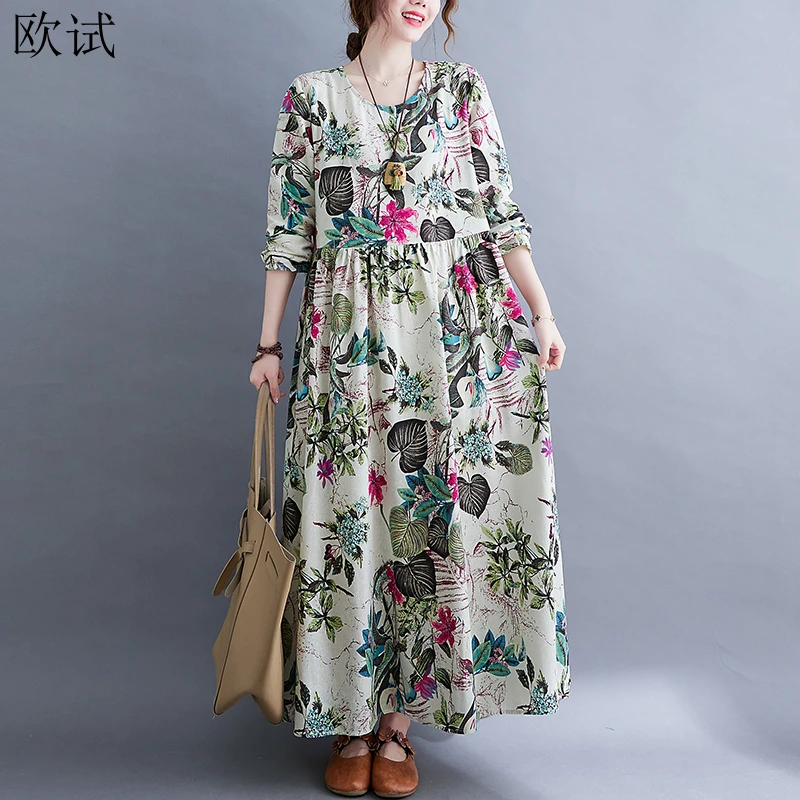 Oversized Summer Cotton Vintage Floral Korean Dress Women Long Dresses Casual Ladies New Arrival Femme Flower Dress 2023