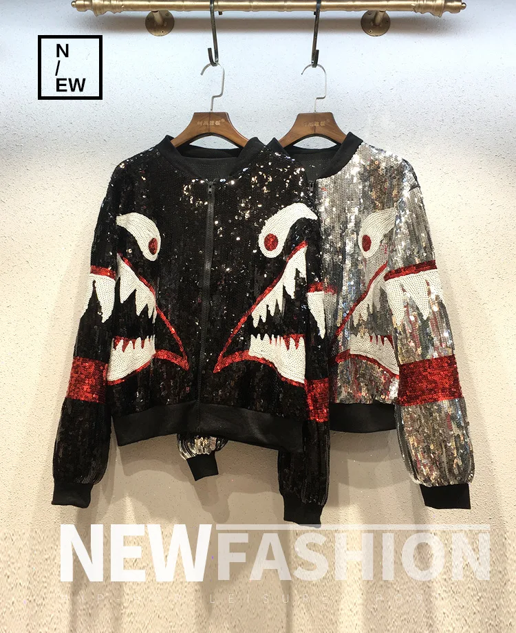 

H80&S90 Sequin Bomber Jacket Cartoon Short Sequin Jacket Women Coat Hip Hop Cool Coat Long Sleeve Zipper Cardigan