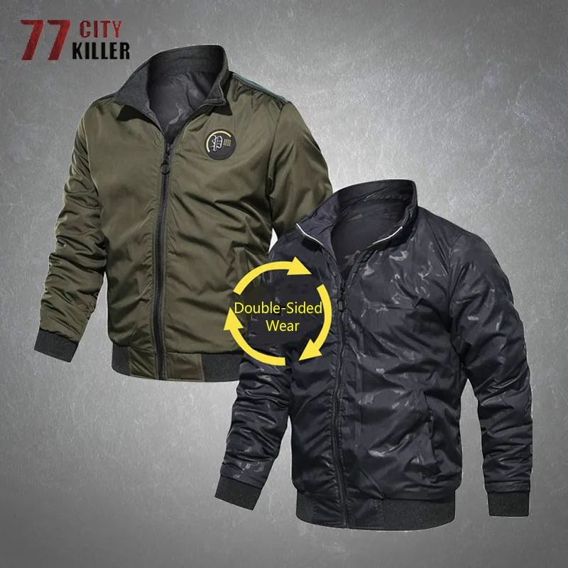 Double-Sided Wear Jackets Men Casual Loose Stand Collar Baseball Clothing Male Pilot Jacket Combat Bomber Military Mens Coats