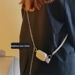 Stylish Glitter Transparent Earphone Case For Apple Airpods 1 2 Shoulder Pearl Chain Charging Headphone Case For Airpods Pro