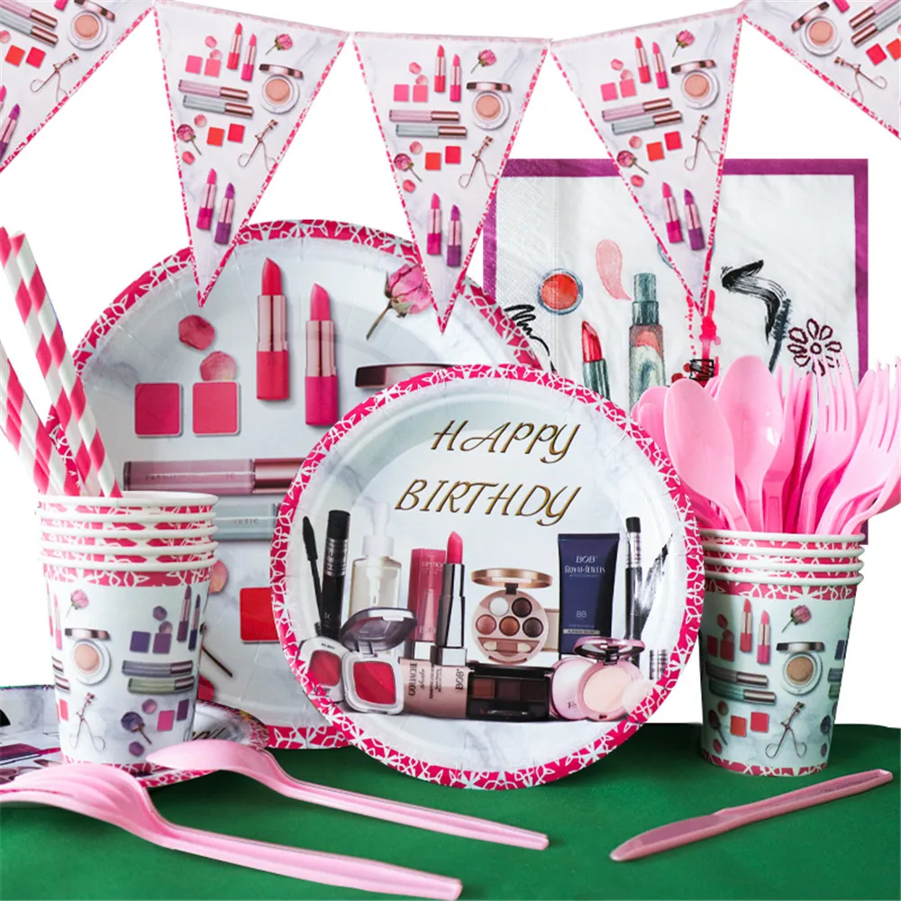 Makeup Theme Disposable Tableware Lipstick Cosmestics Theme Party Decorations Disposable Plates Napkins Cups Banners