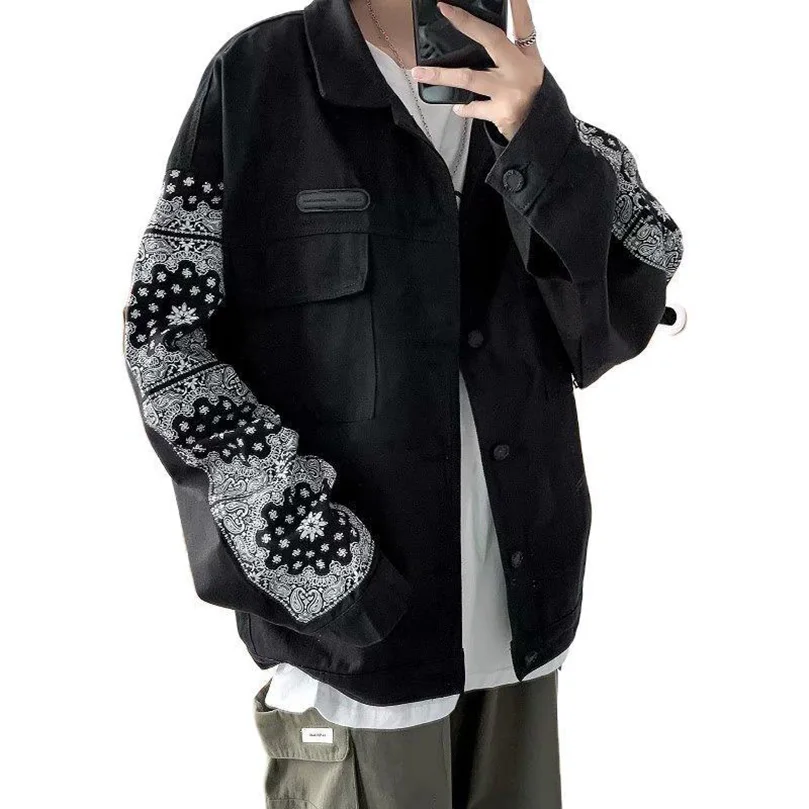 Bandana Sleeve Patchwork Denim Jacket Men Hip Hop Spring Oversized Waistcoat Male Harajuku Streetwear Clothing for Boys 2023