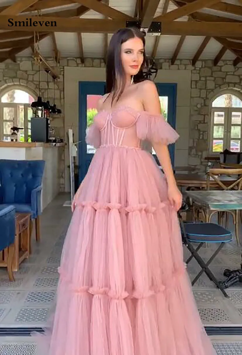 Smileven Pink Princess Prom Dress Off The Shoulder Tulle Long Evening Dresses Sweetheart Neck Corset Prom Party Gowns