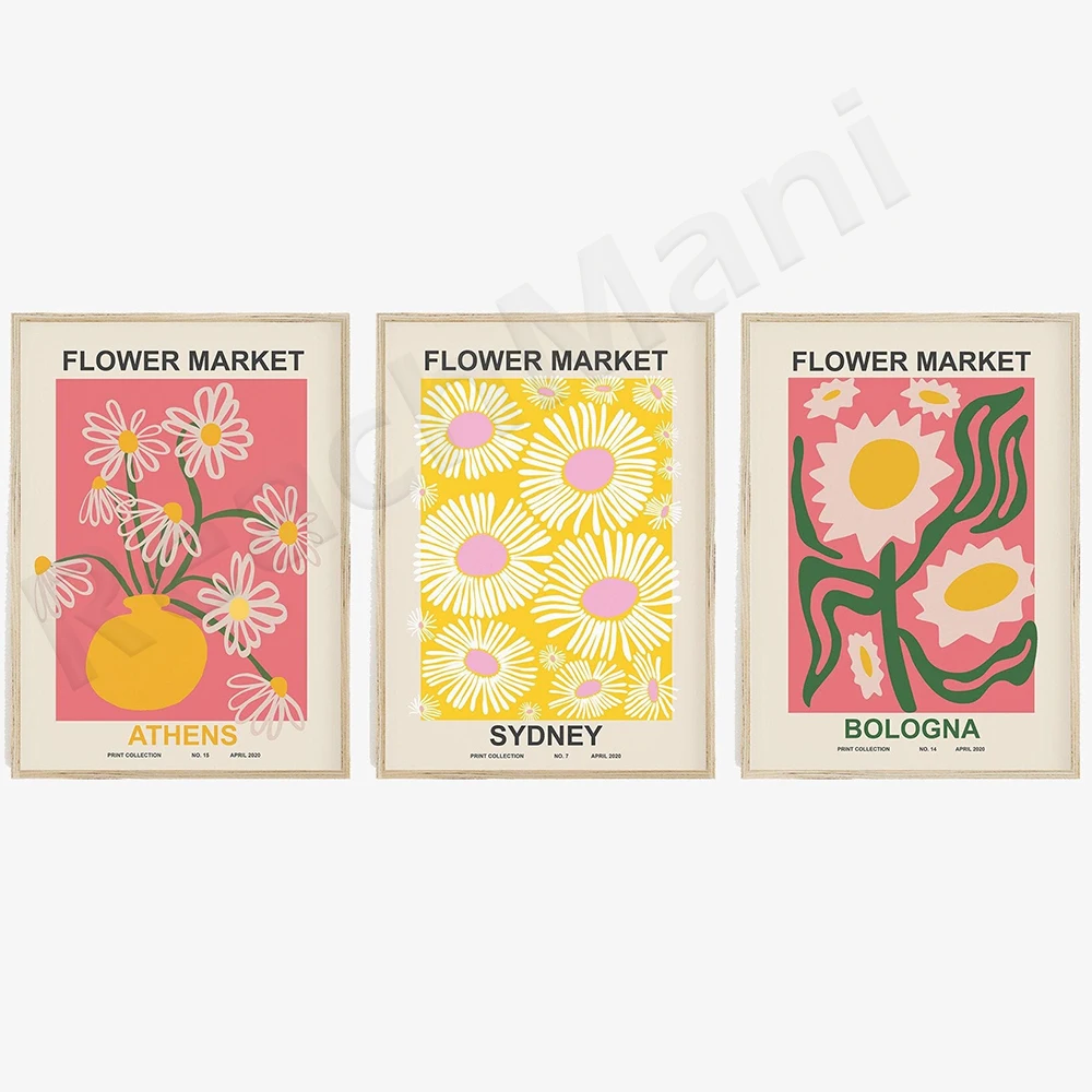 طباعة سوق الزهور، ملصق سوق الزهور، ديكور غرفة النوم، مجموعة ملصقات الزهور، المطبوعات الرقمية، الفن الوردي الأصفر، ديكور غرفة الفتيات