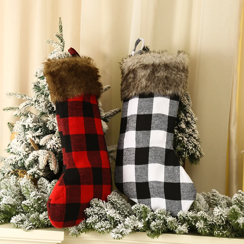 Personalized Buffalo Plaid Christmas Stockings Handmade Stockings Red & Black Custom Christmas Stockings Fur Christmas Stocking