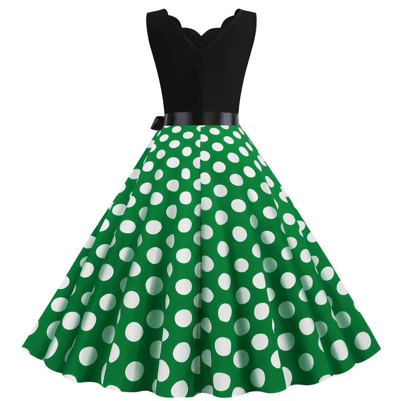 Polka Dot Print Women Summer Dress Black Patchwork Sleeveless V Neck Elegant Vintage Party Casual Midi Dress