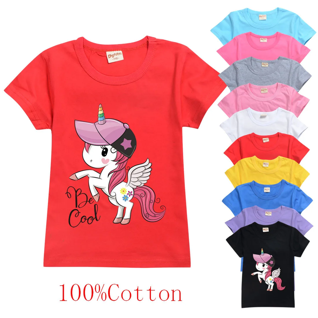 Summer 2-13Years Boy Girl Anime Dabbing Unicorn Colorful Print Cotton T-Shirt Children Kids Casual Tshirt Baby Teen Cool Clothes