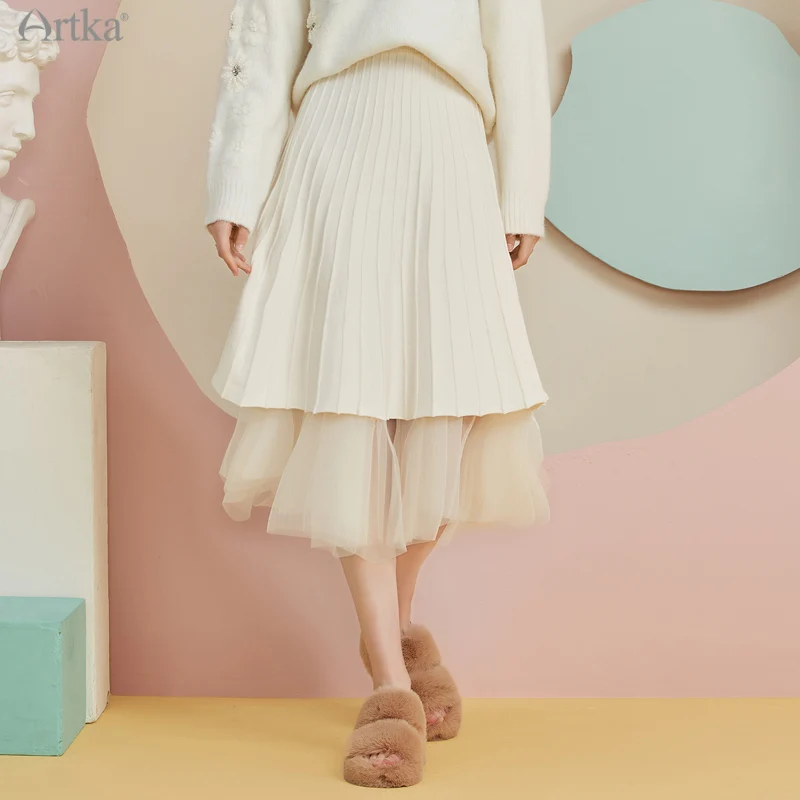 ARTKA 2025 A/W Nieuwe Vrouwen Rok Elegant Gaas Kant Elastische Hoge Taille Midi Rokken A-lijn Tweezijdig Slijtage Gebreide Rok QB29011D