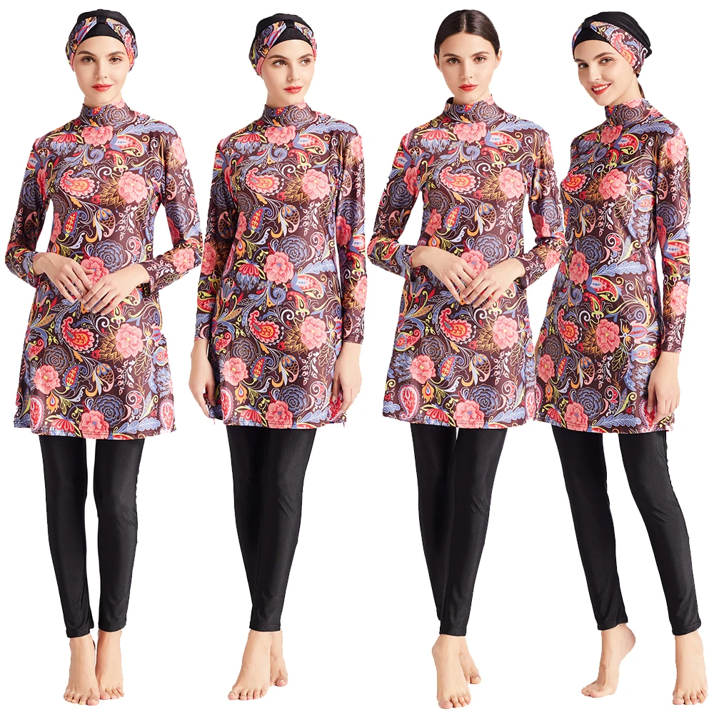 3-częściowy strój kąpielowy muzułmański burkini z nadrukiem, długi rękaw, spodnie, hidżab, kostium kąpielowy zakrywający całe ciało