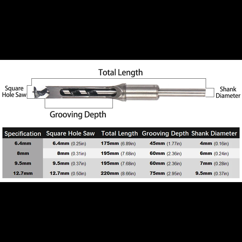 6.4/8/9.5/12.7mm 4Pcs Woodworking Tools Set Twist Square Hole Drill Bits Auger Mortising Chisel Extended Saw For DIY Furniture