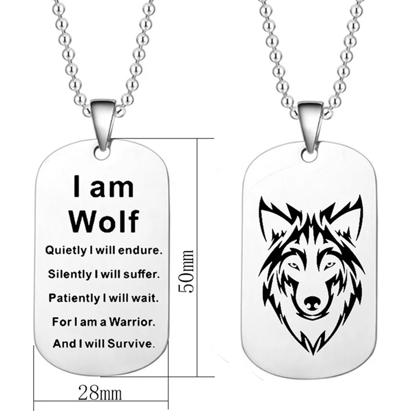 Fashion Wolf Pendant Necklace Double Side Engraved I am Wolf Fans Gift Dog Tag Jewelry Keychain