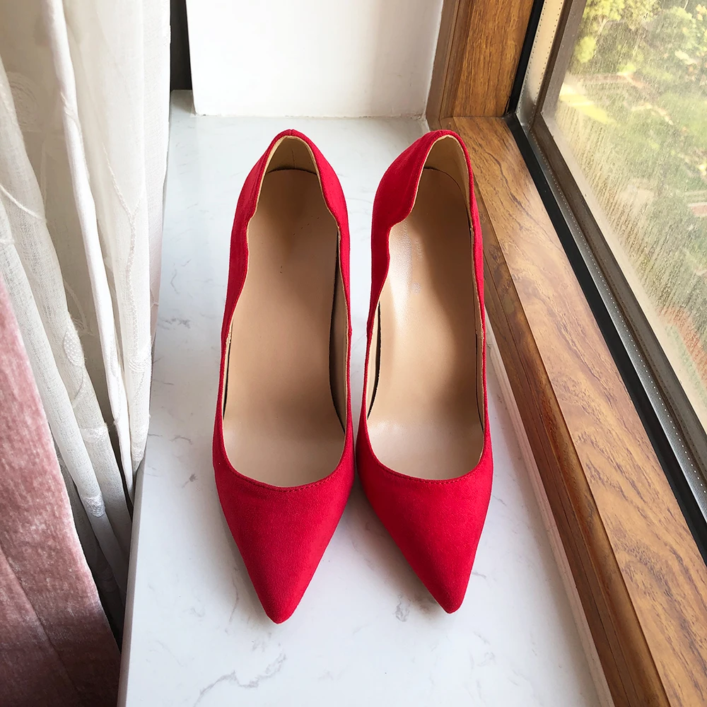 Tikicup Solid Red Flock Women Curl Cut Pointy Toe High Heel Wedding Bridal Shoes Elegant Ladies Designer Slip On Stiletto Pumps