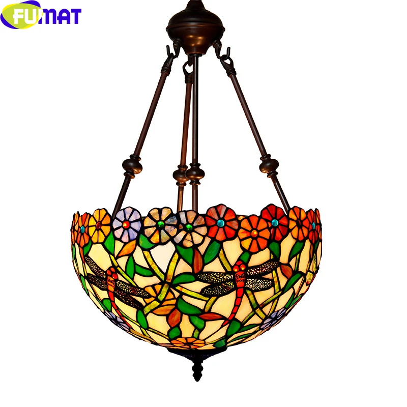 FUMAT Tiffany Style Pendant Lamp Anti Chandeliers Dragonfly Flower Bouquet Stained Glass Luxurious Decor Hanging Lights Fixture