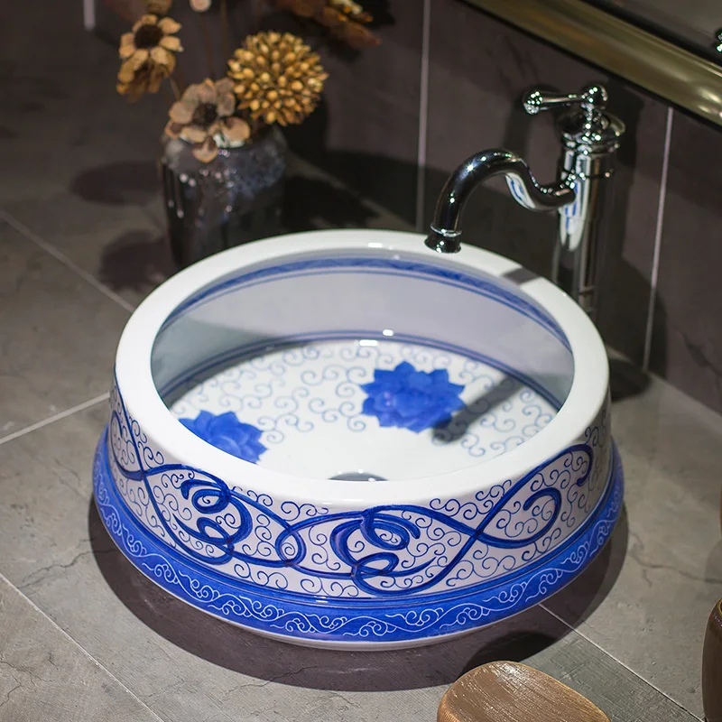 

Jingdezhen wash basin porcelain bathroom sinks bowl factory directly art hand painted ceramic wash basin blue and white