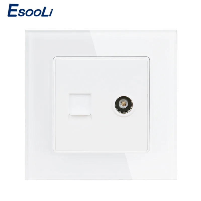 

Esooli White Luxury Crystal Glass Panel RJ45 Internet Data Computer Jack CAT5E Connector With Female TV Outlet Wall Socket