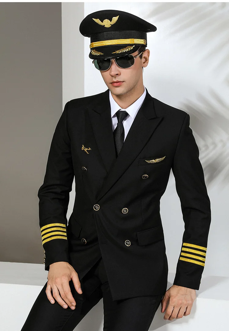 Men\'s 4 Lines Airline Pilot Suit Jackets Uniforms Hair Stylist Black Navy Blue Suit Coat Workwear Big Size Male