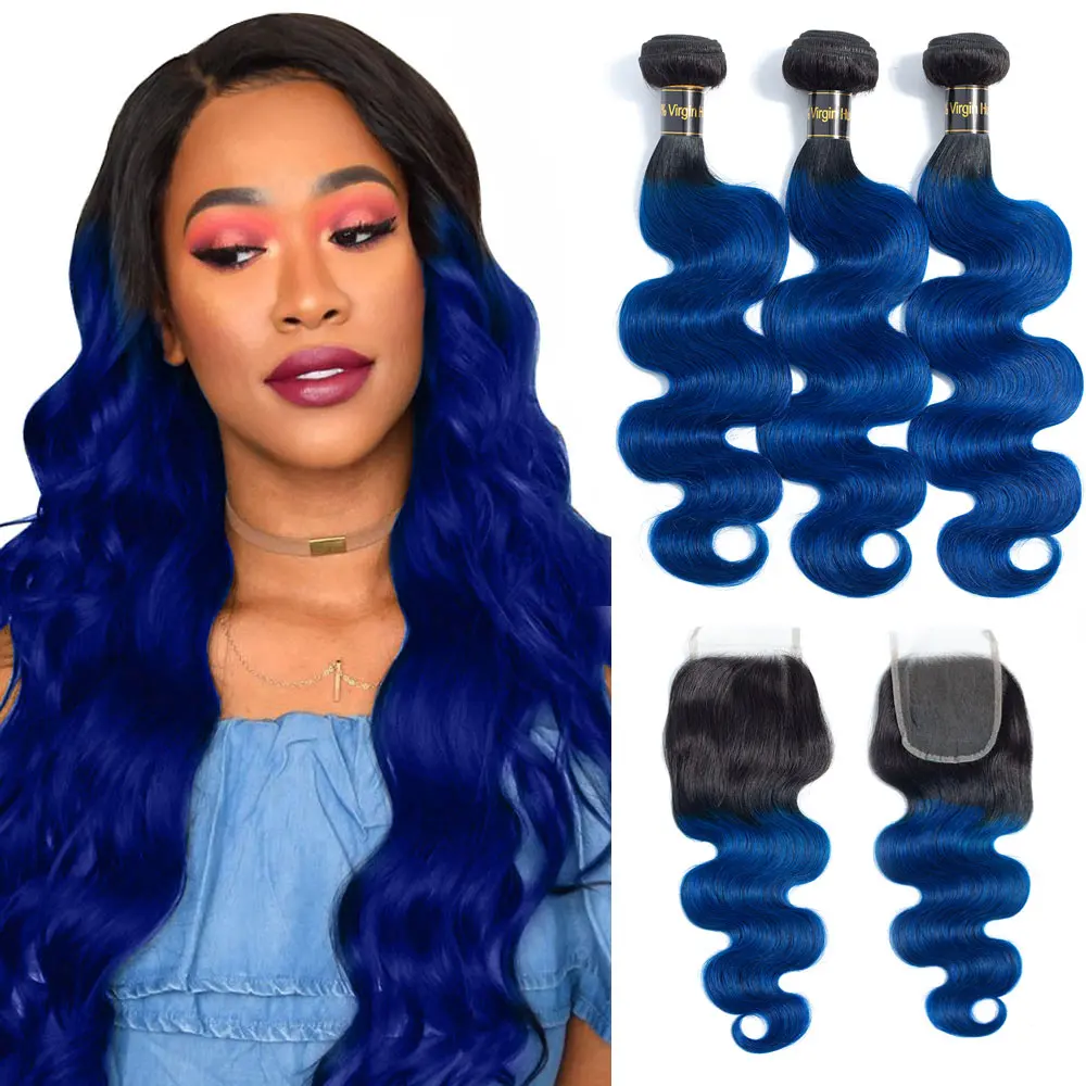

Ombre Hair Bundles With Closure Peruvian Body Wave 3/4 Bundles With Closure 1B/ Blue Two Tone Human Hair Bundles With Closure