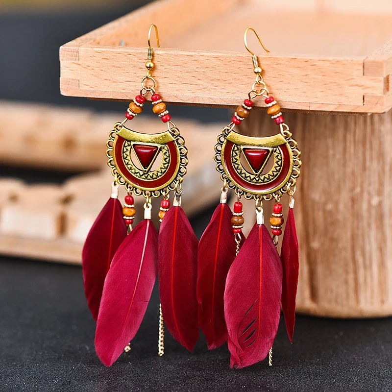 Bohemian White Semicircle Long  Feather Tassel Ladies Earrings Women Summer Indian Jewelry Natural Wood Beads Dangle Earrings