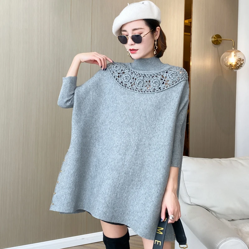 

Fast Delivery Hollow Out Wear Women Pearl Loose Poncho Knit Pullover Capes Wraps Cashmere Feeling Sweater Ladies Shawl Sleeves