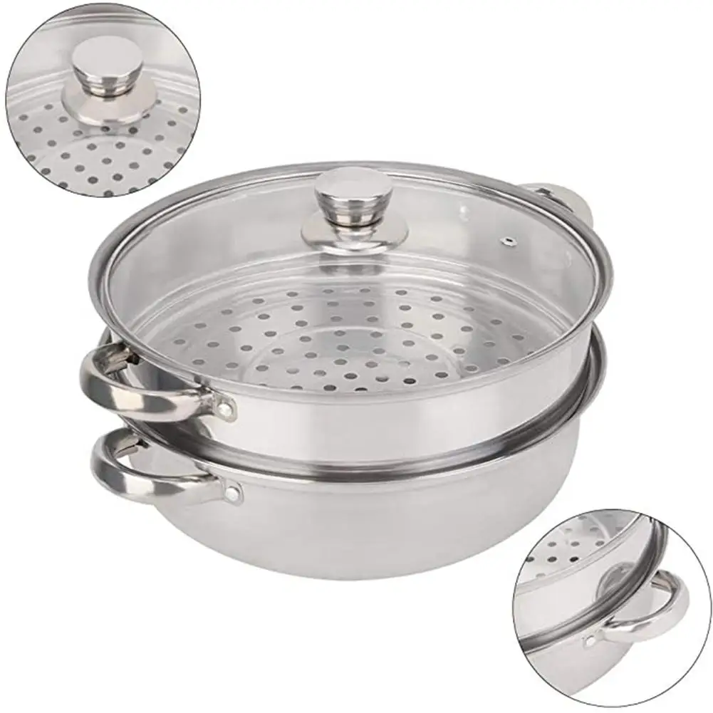 28cm 2-Layer Steamer Stainless Steel Kitchen Boiling Soup Steaming Pot with Lid