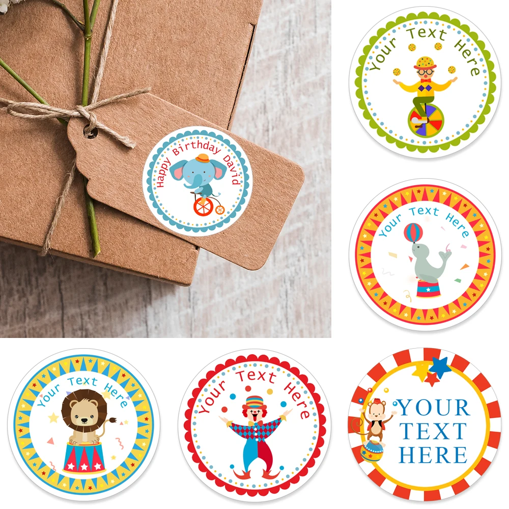 Personalised Baby Shower Stickers Custom Sticker Cartoon Animal Kids Circus Elephant Lion Monkey Dolphin Stickers Party Favor