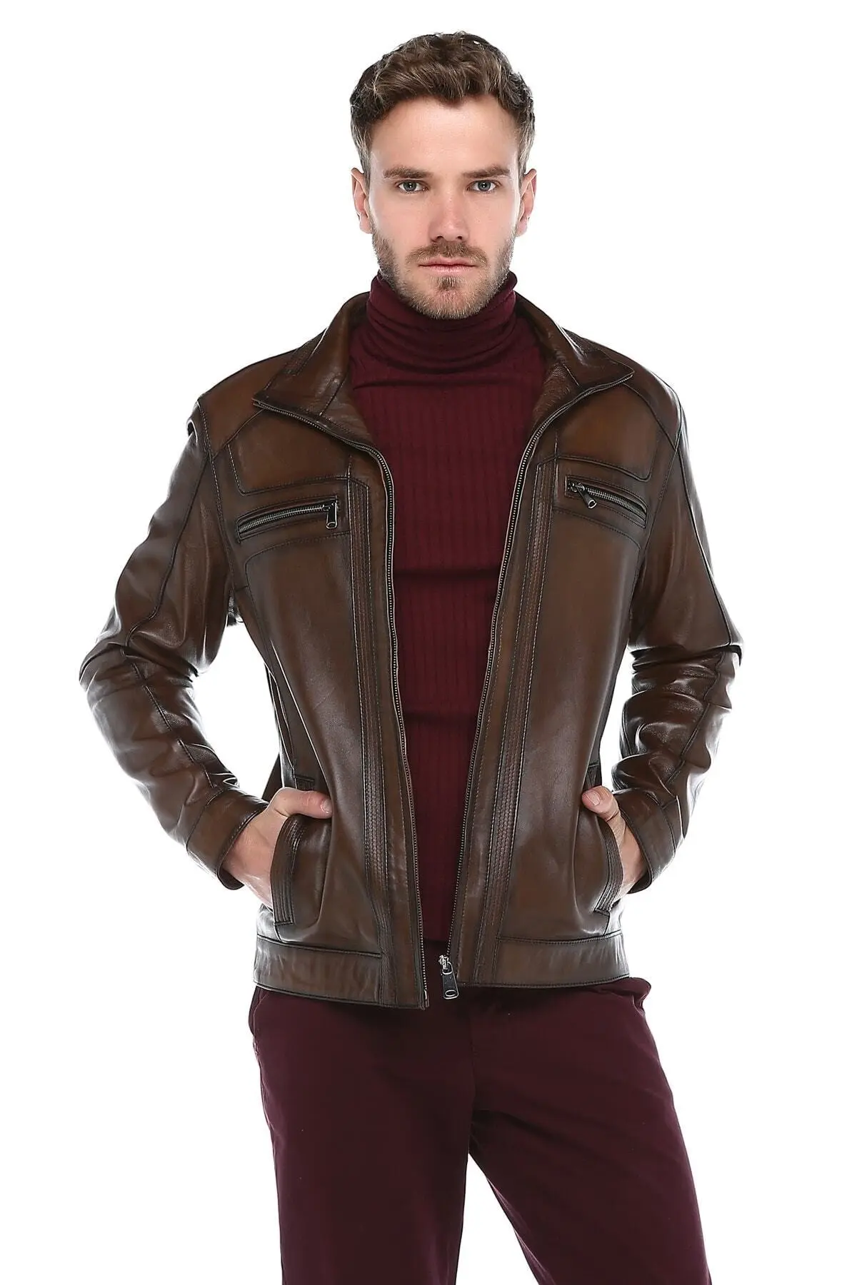 Brown genuine leather coat men's sports jacket Autumn Spring season wear completely handmade products Turkey