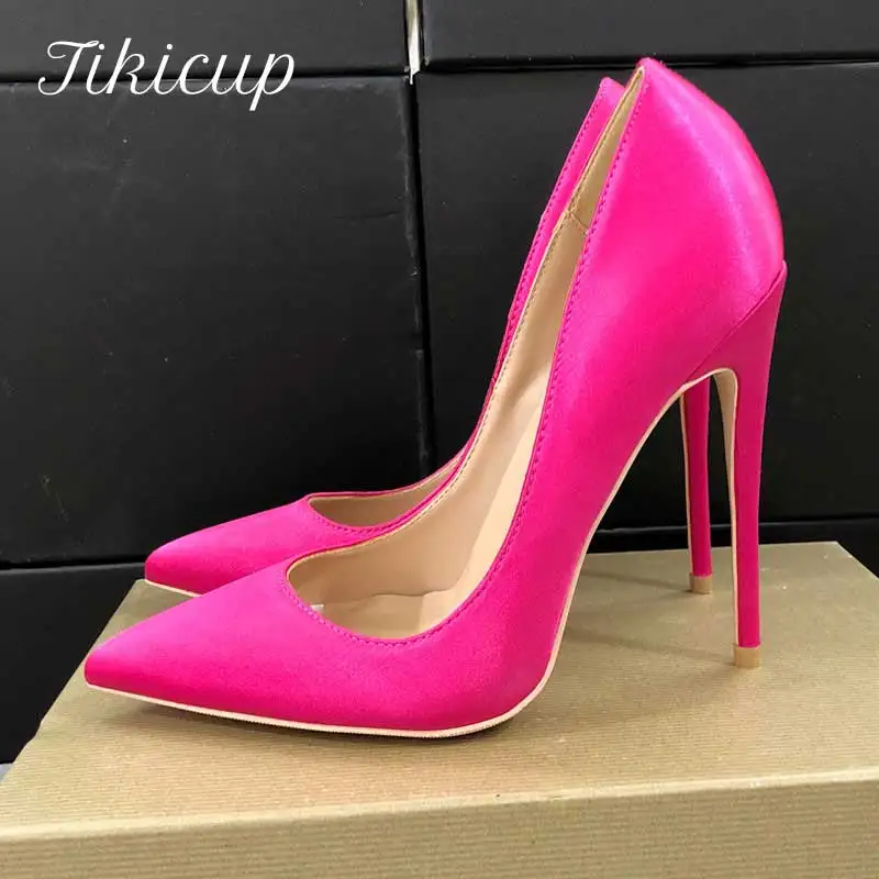 

Tikicup Rose Pink Women Satin Fabric Pointed Toe High Heels Ladies Chic Stiletto Pumps Bridal Silk Wedding Shoes Plus Size