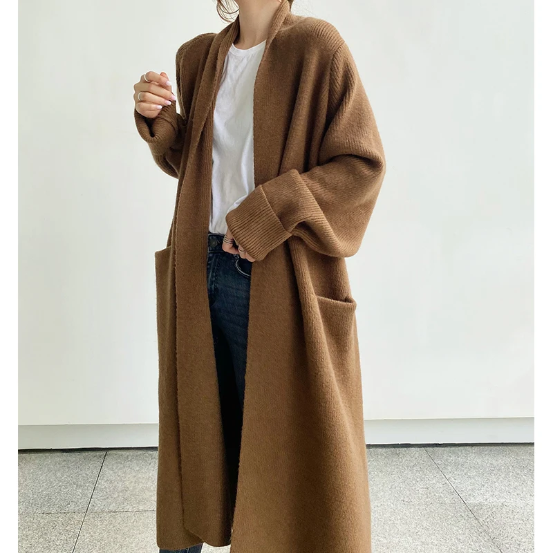 [ZAYAU] cappotto a forma di abito maglione lungo in Alpaca morbido Cardigan lavorato a maglia in pizzo sciolto pigro spesso donna 2021