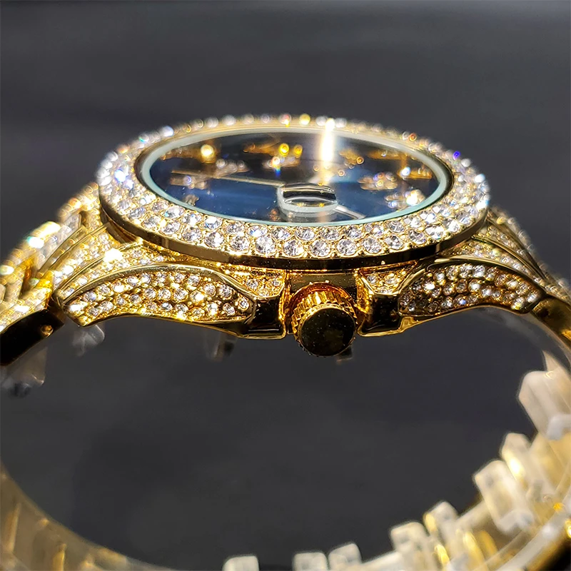 Luxe Golden Men Watch Auto Calendar Waterproof Couple Watches Royal Blue Dial With CZ Arabic Numbers Baguette Bracelet Timepiece