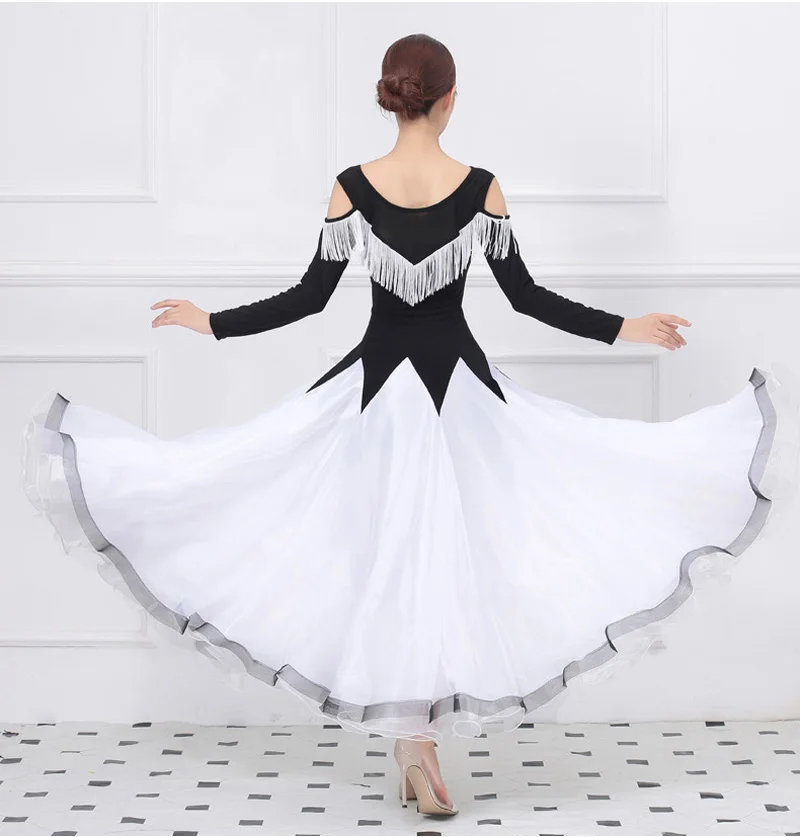 Tiêu Chuẩn Phòng Khiêu Vũ Điệu Nhảy Đầm 2023 Phụ Nữ Tango Flamenco Waltz Nhảy Múa Váy Nữ Cổ Chữ V Tua Rua Bóng Thi Đấu Áo