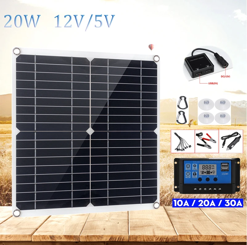 20W Panel słoneczny USB 5V DC 12V z kontrolerem 10/20/30a elastyczny ogniwa słoneczne do ładowarki akumulatora samochodowego jachtu wodoodporny