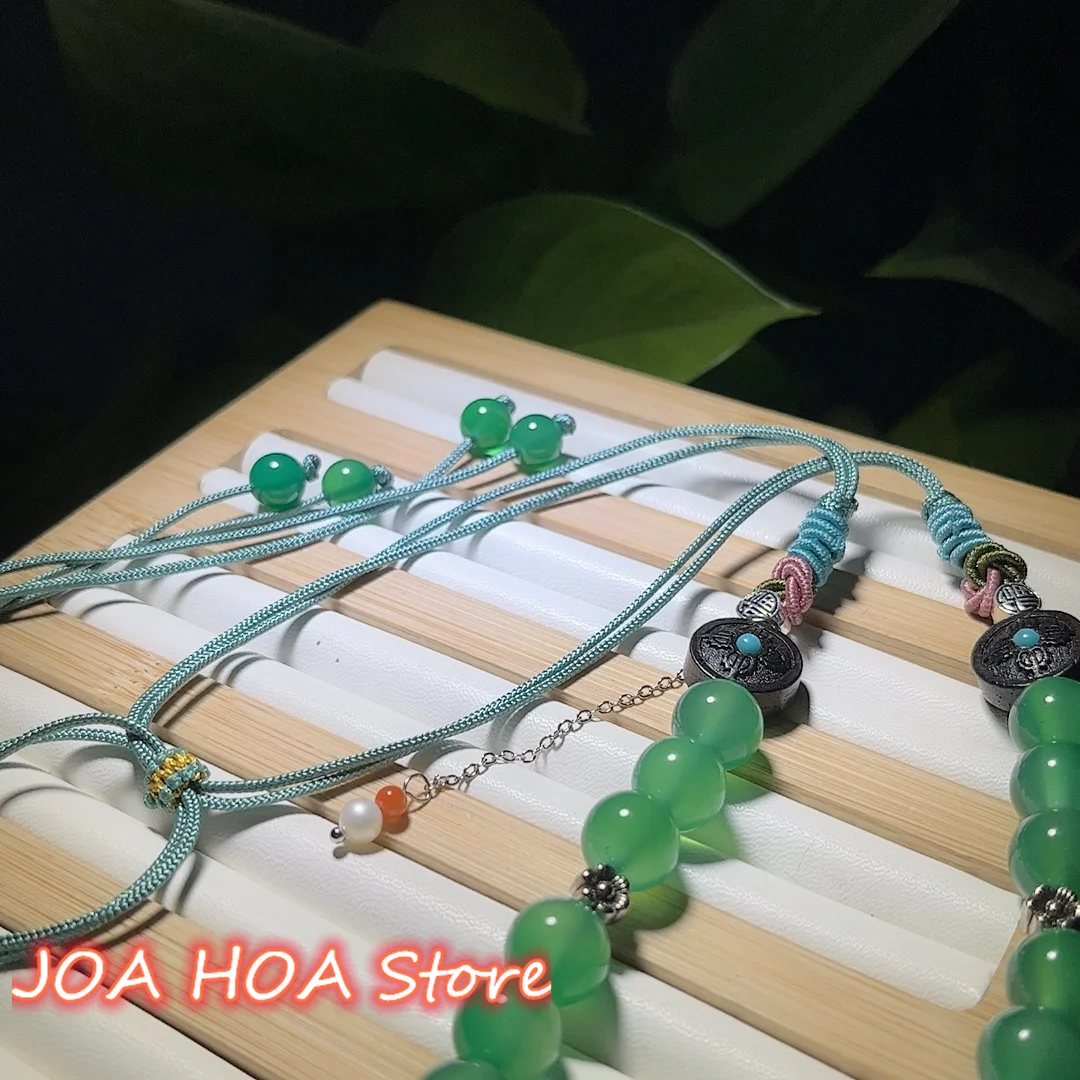 DIY Jewelry Natural Green Chalcedony Agate Turquoise 925 Silver Accessories Color RopeChain Necklace Pendant Sweater Chain