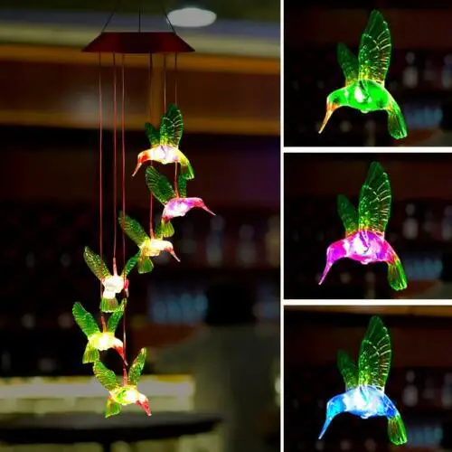 Color-Changing Outdoor LED Solar Lamp Birds Wind Home Garden Decor Solar Light Solar Powered Wind Chime Light