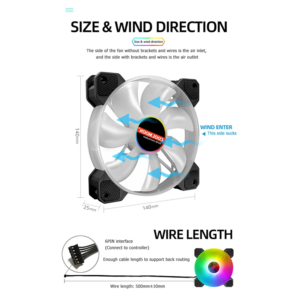 Imagem -02 - Coolmoon-rgb Computador Chassis Ventilador Dissipação Dissipação Case Acessórios pc Gaming Cooler Controle Remoto 6pin 140 Milímetros