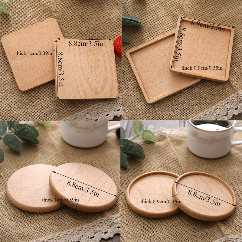 Natural Square Round Wooden Slip Slice Cup Mat 1PC Coaster Tea Coffee Mug Drinks Holder for DIY Tableware Decor Durable Pad