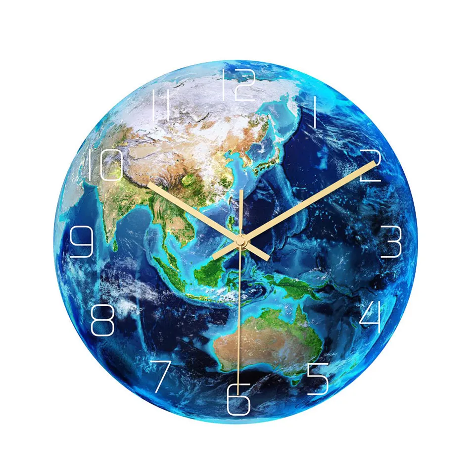 30cm Earth Pattern Clock Watch Acrylic Silent Wall Clock For Living Room Bedroom Home Decoration Luminous Clocks horloge reloj