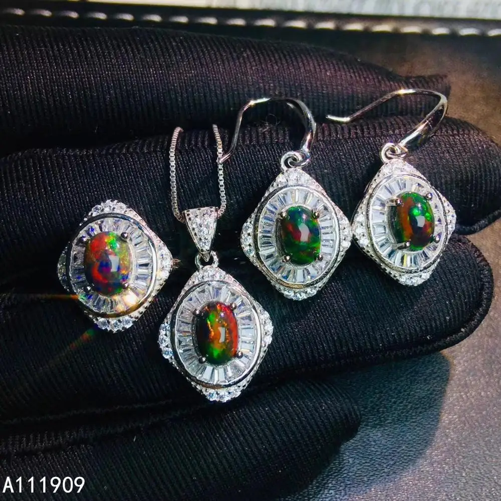

KJJEAXCMY-925 Sterling Silver Inlaid Natural Black Opal Necklace Ring and Earring, Suit Support Detection, Boutique Jewelry