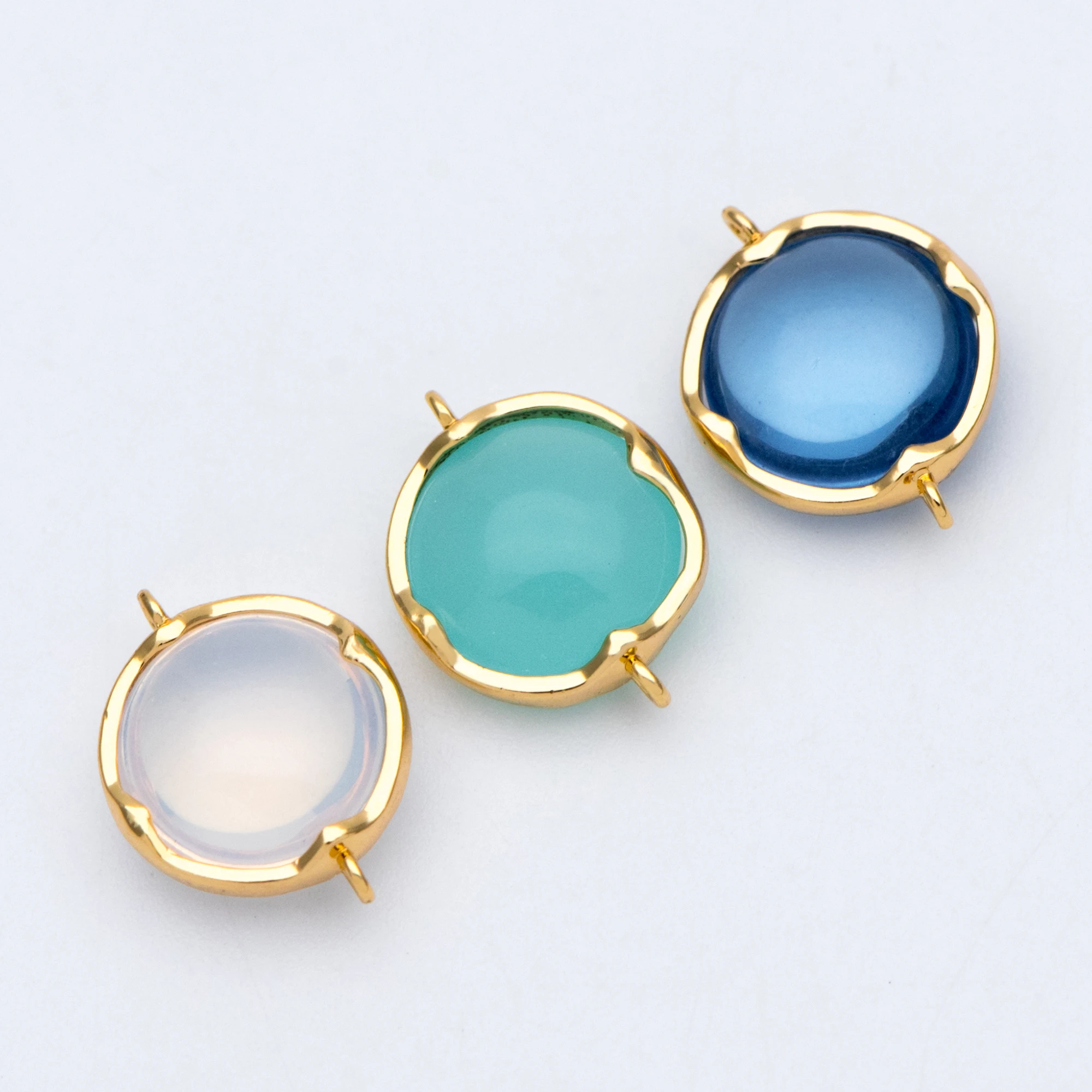 

10pcs Gold Framed Glass Connector 15x11mm, Round Coin Bezel Charm Pendants, Clear Mint Blue (GB-805)