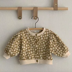 Cárdigan Floral de algodón para niña pequeña, chaqueta de un solo pecho, Tops de manga abullonada de princesa, ropa de invierno, novedad de 2024