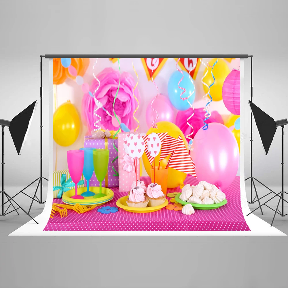 

VinylBDS 7X5FT Birthday Backdrops Colorful Balloon Delicious Cake Photo Backdrop For Birthday Party Photography Background