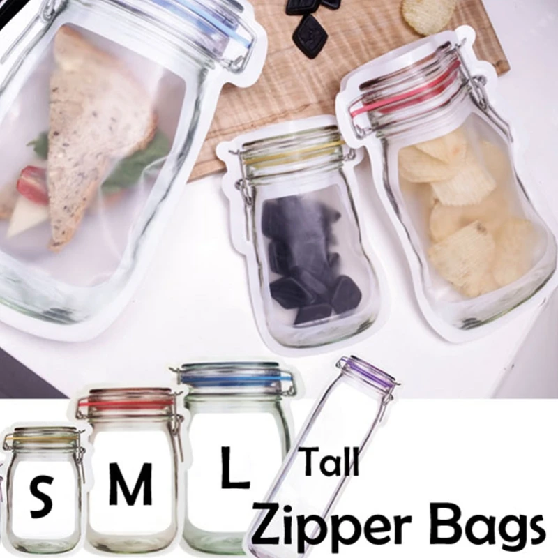 Reusable Mason Jar Bottles Nuts Cookies Zipper Seal Food Storage Bags Snacks Kitchen Freezer Organizer Portable Travel Ziplock