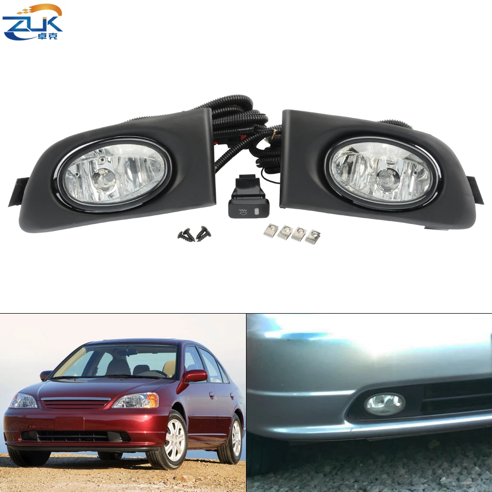 ZUK Car Front Bumper Fog Light Reflector Lamp Kit For HONDA CIVIC 2001-2002 ES Foglight Foglamp Set With Cable Halogen Bulbs