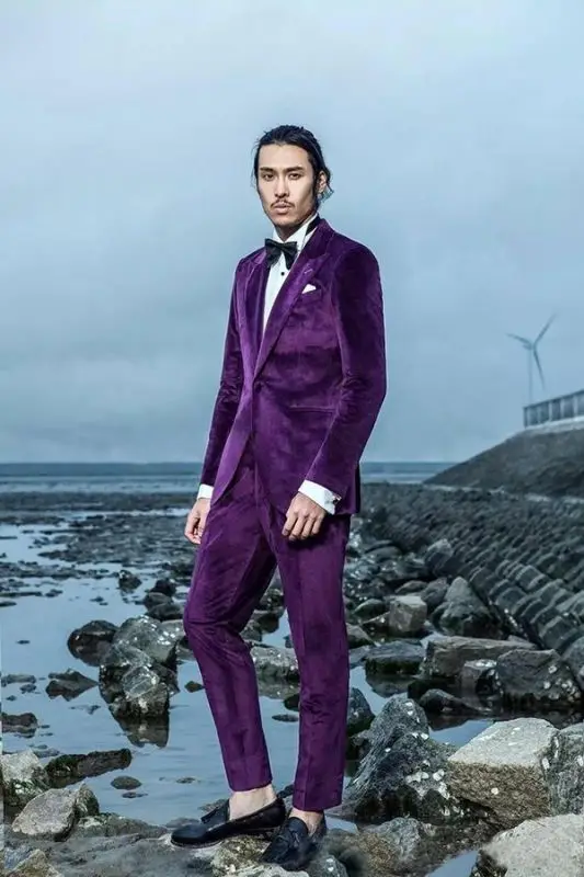 (Jacket+Pants) Autumn Velvet Man Suit 2 Piece Christamas Prom Party Tuxudos Male Clothing Formal New Year Occasion