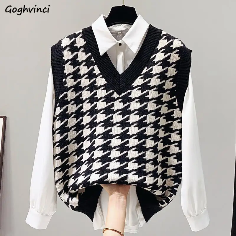 Sweater Vest Women Classic Simple Young V-neck Sleeveless Plaid Fashion Casual Knitted Spring Autumn Loose Femme Ladies Chic New