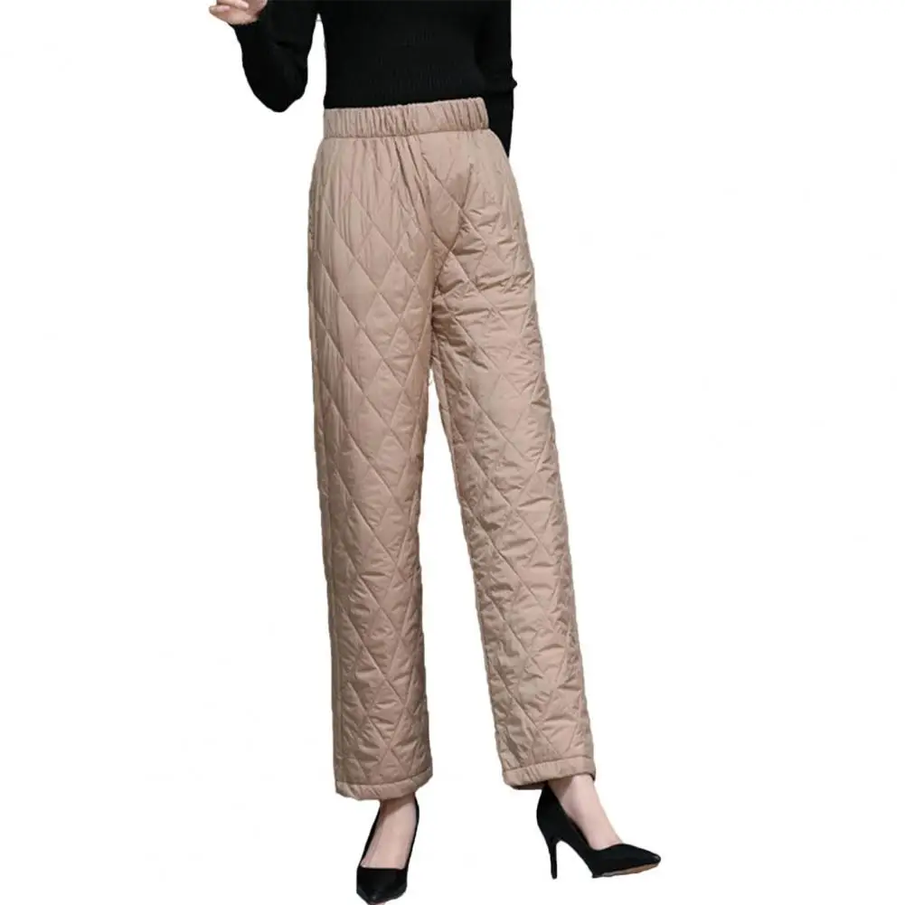 

Women Pants Rhombic Lines Side Pockets Cold Resistant Elastic Waist Straight Wide Leg Quilted Trousers Lady Pants Autumn