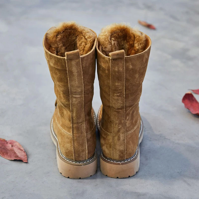 Botas de nieve de piel auténtica para mujer, zapatos de cuña de media caña, con plataforma, invierno, 2020