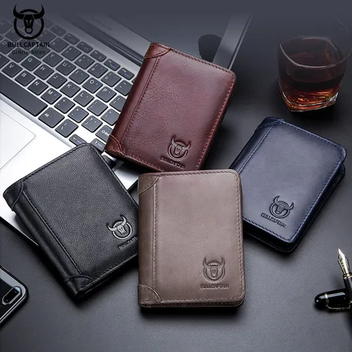 Imagen 2 del producto BULLCAPTAIN, nueva cartera de cuero genuino para hombre, Mini tarjetero pequeño, monedero para hombre, cartera RFID de bolsillo, moneda de alta calidad