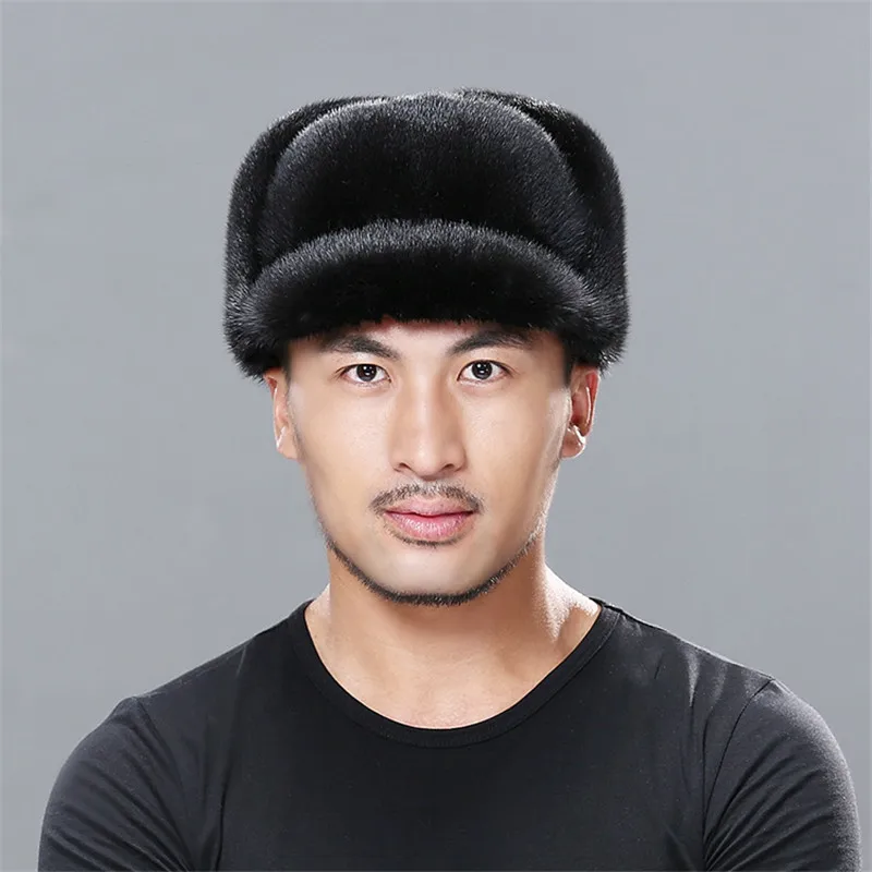 

Winter Fur Warm Windproof Hat Men's Lei Feng Cap Bomber Jacket Mink Fur Earmuffs Hat Black Ski Cavalry Catcher Cold And Snow Cap