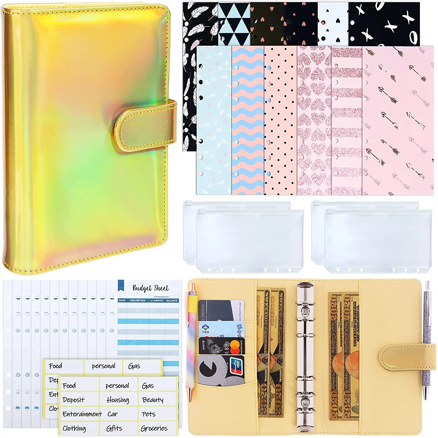 31 Pieces PU Leather Budget Binder Cash Envelope System with 12PCS Budget Money Envelopes and Expense Sheets, 4 Binder Pockets